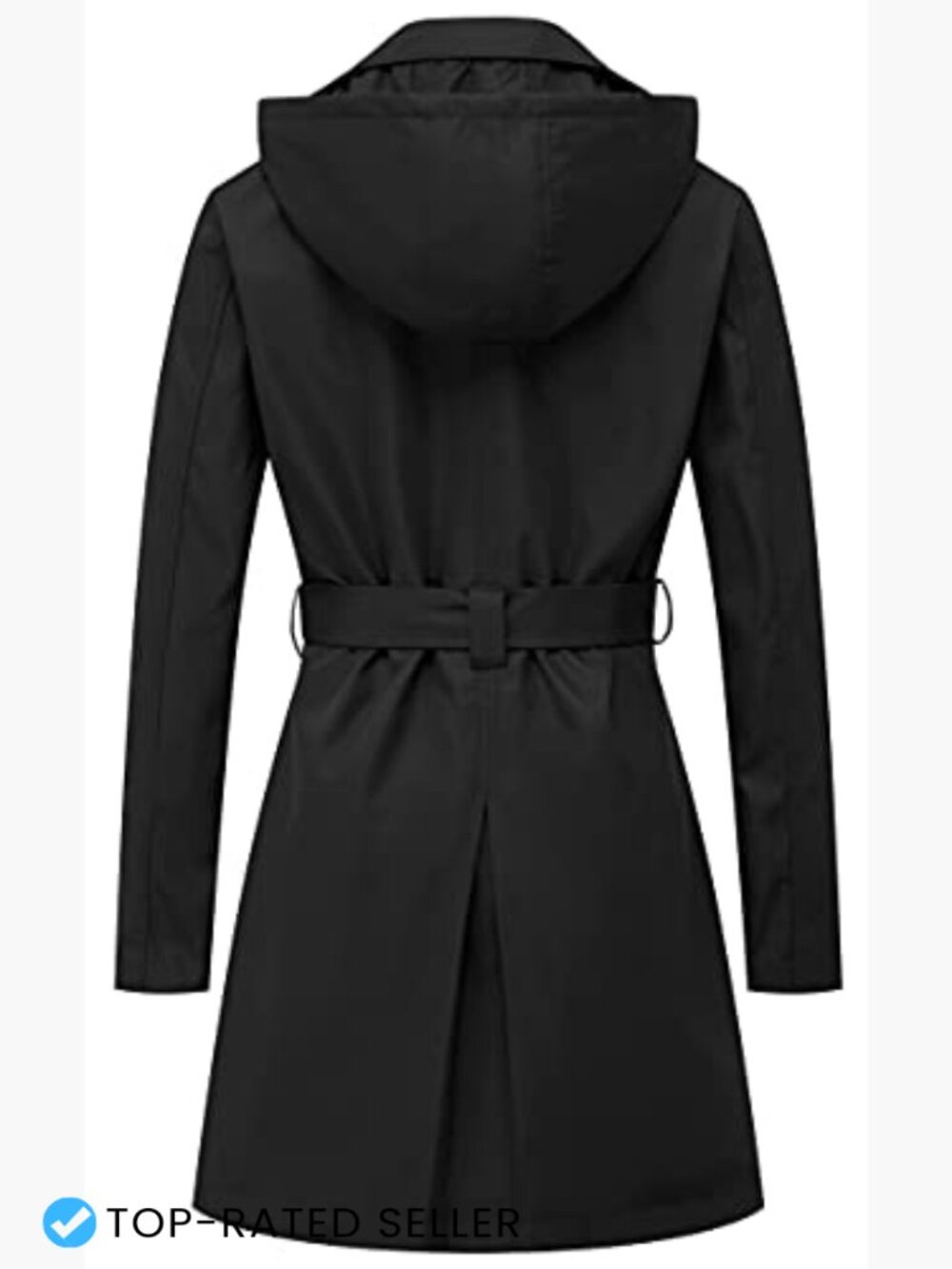 Women's Double Breasted Trench Coat Mid-Length Belted Overcoat with Hood - Picture 2 of 7